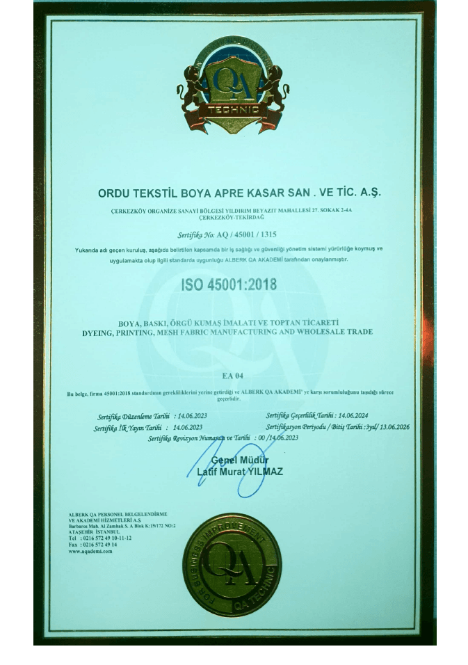 Ordu Tekstil | Sertifikalar